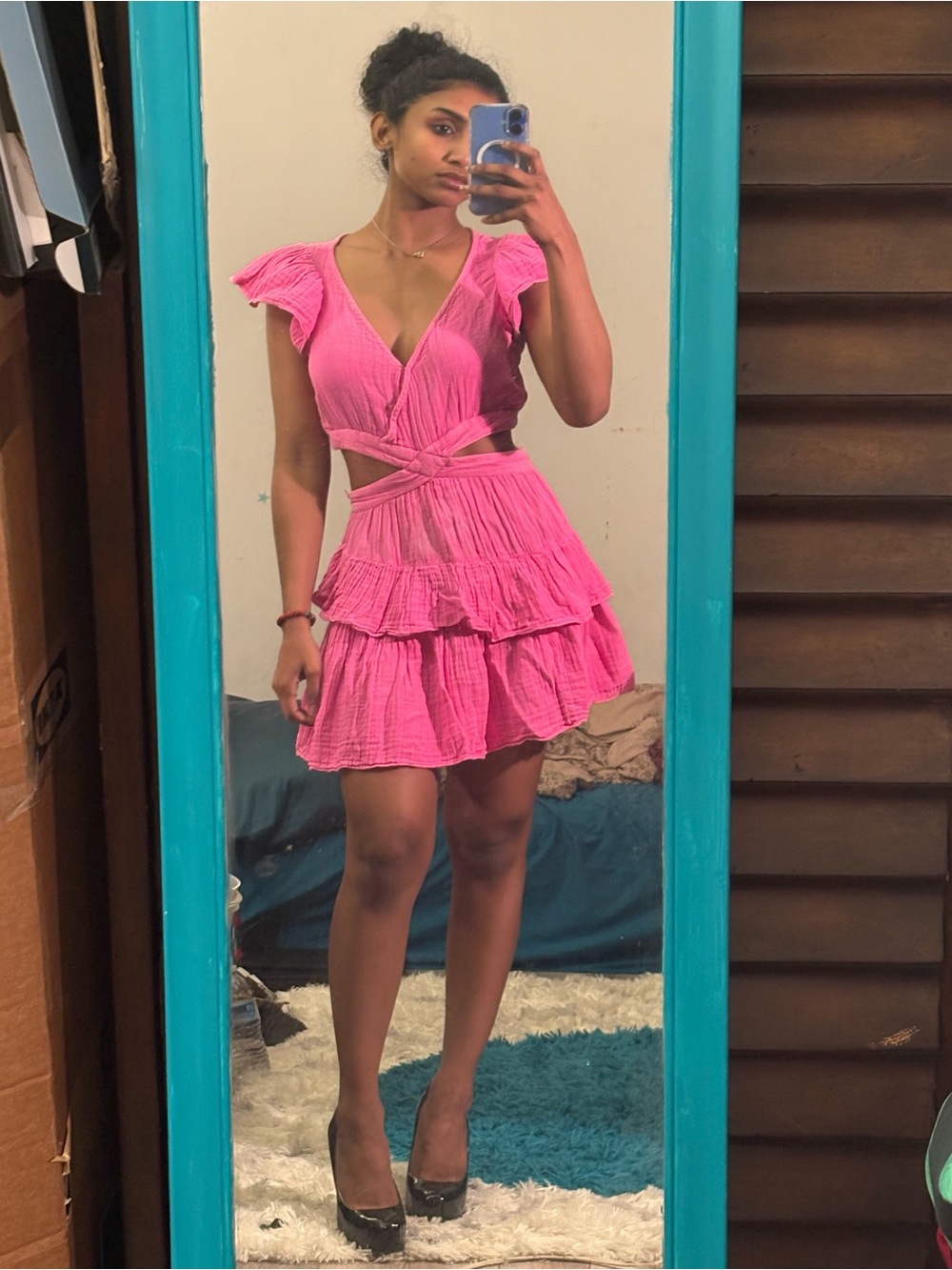 LoveShackFancy Hot Pink Ruffled Cutout Mini Dress